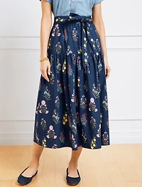 Modern Poplin Flounce Midi Skirt - Floral Radiance