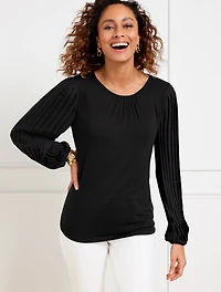 Pleated Sleeve Crewneck Top