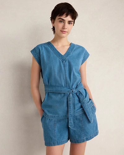 Organic Cotton Denim V-Neck Belted Top