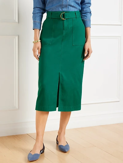 Belted Twill Midi Skirt