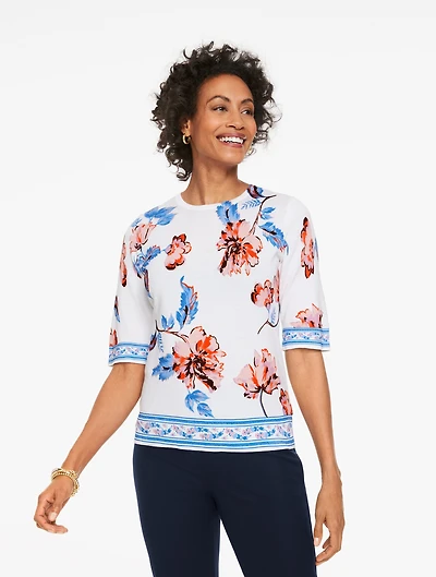 Elbow Sleeve Ribbed Crewneck Sweater - Vivid Blooms