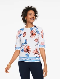 Elbow Sleeve Ribbed Crewneck Sweater - Vivid Blooms