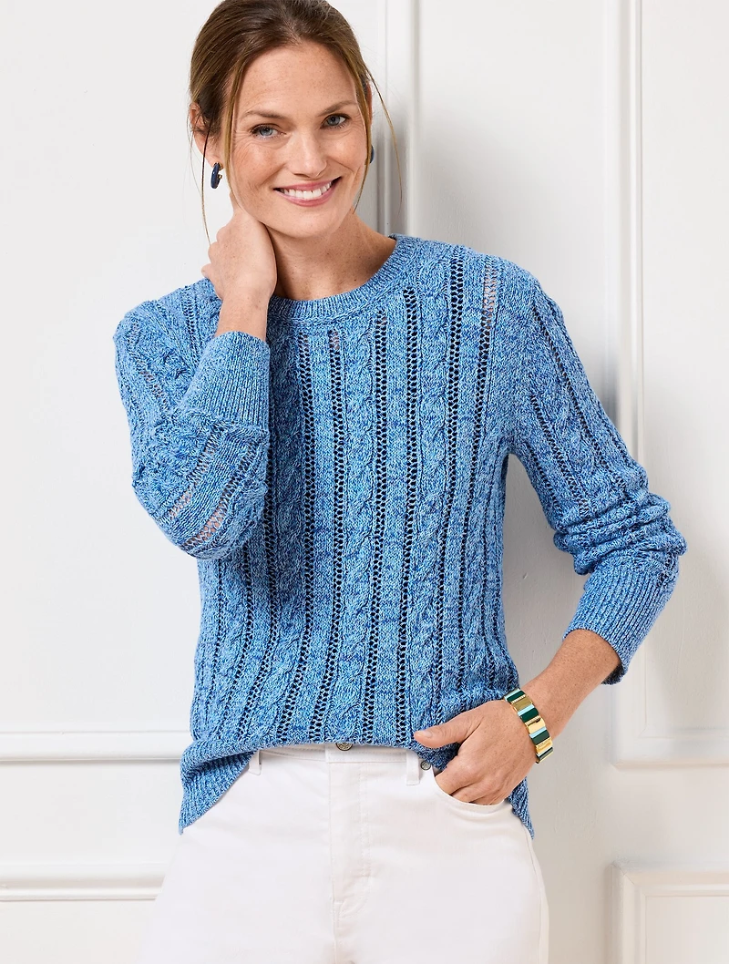 Open Knit Cable Crewneck Sweater - Marl