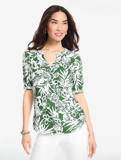 Elbow Sleeve Gauze Top - Tropical Hibiscus