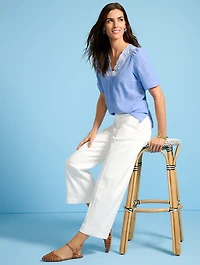 Embroidered Short Sleeve Linen Top - Floral