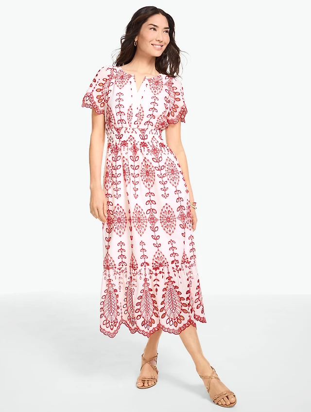 Bicolor Teardrop Eyelet Smocked Dress