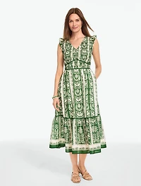 Voile Smocked Midi Dress - Tropical Damask