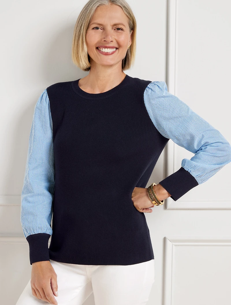 Woven Sleeve Crewneck Pullover