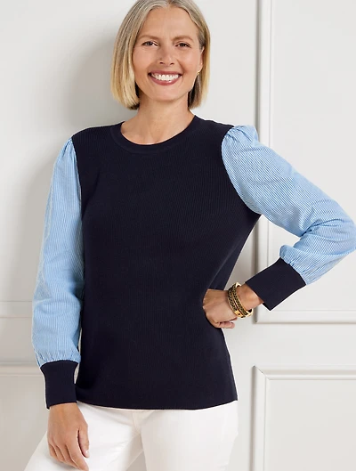 Woven Sleeve Crewneck Pullover