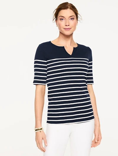 Elbow Sleeve Split Neck Tee - Love Stripe