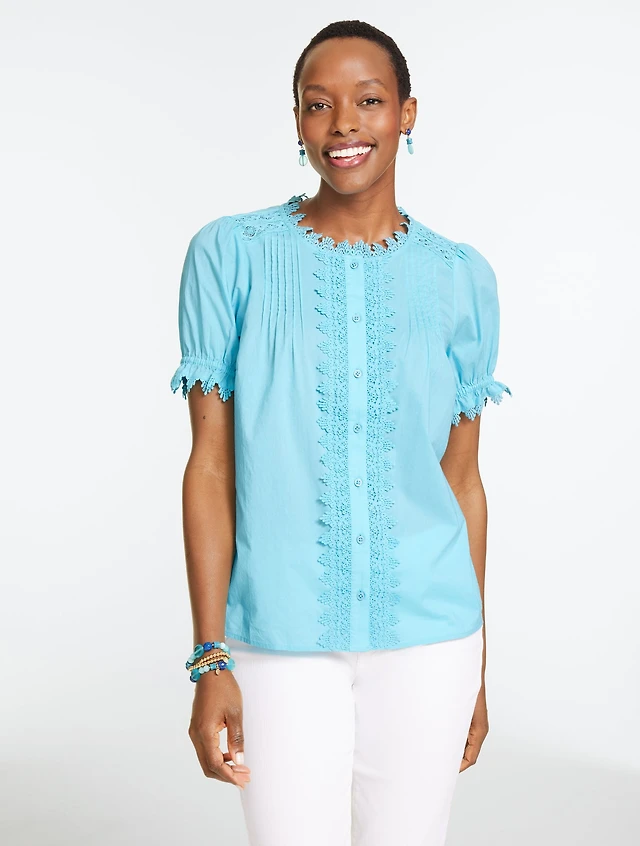 Lace Trim Button Front Voile Top - Opal Blue