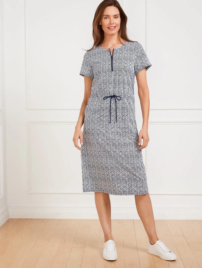 Lightweight Woven Stretch Drawstring Waist Dress - Water Swirls