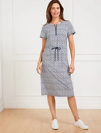 Lightweight Woven Stretch Drawstring Waist Dress - Water Swirls