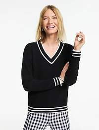 Shaker Stitch V-Neck Sweater - Tipped