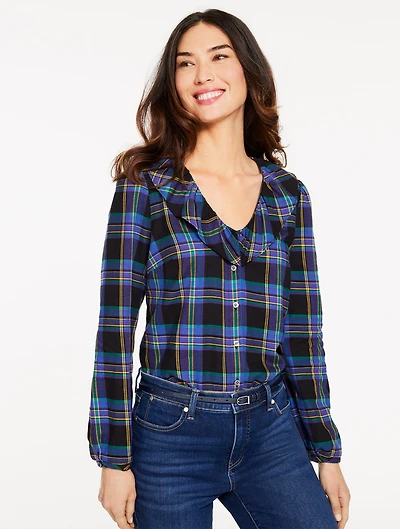 Ruffle Button Front Top - Wishful Plaid