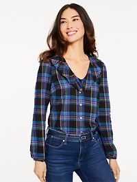 Ruffle Button Front Top - Wishful Plaid