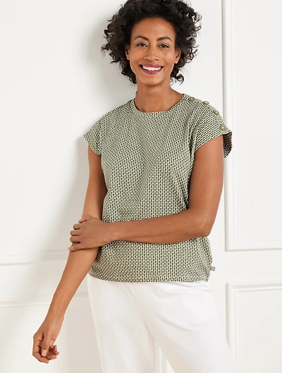 Button Shoulder Cap Sleeve Tee