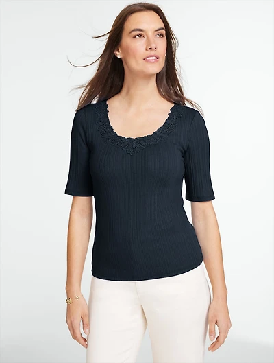 Lace Trim V-Neck Ribbed Top