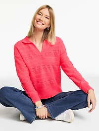 Pointelle Johnny Collar Sweater