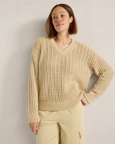 Textured Cotton Blend V-Neck Sweater