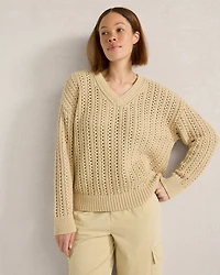 Textured Cotton Blend V-Neck Sweater