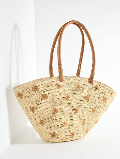 Embroidered Flare Straw Tote