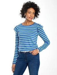 Ruffle Shoulder Crewneck Tee - Stripe
