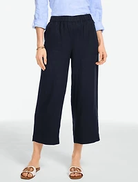 Washed Linen Wide Crop Pull-On Pants