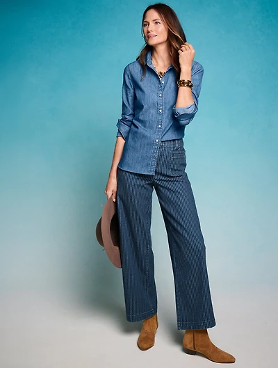 Wide Ankle Patch Pocket Jeans - Pinstripe
