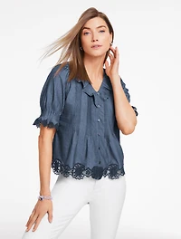 Embroidered Ruffle Denim Top - Regent Blue Wash
