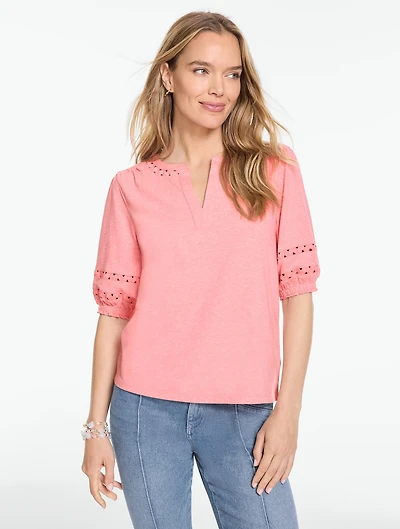 Zig Zag Stitch Elbow Sleeve Top