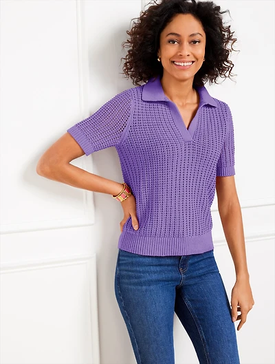 Pointelle Stitch Polo Sweater