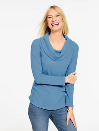 Soft Waffle Knit Cowl-Neck Pullover