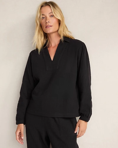 Textured Cotton Gauze Collared Top
