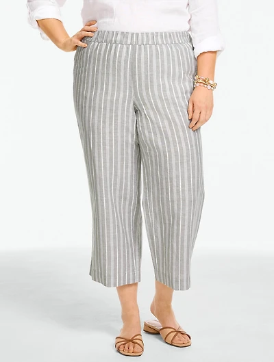 Washed Linen Wide Crop Pull-On Pants - Sandstone Stripe