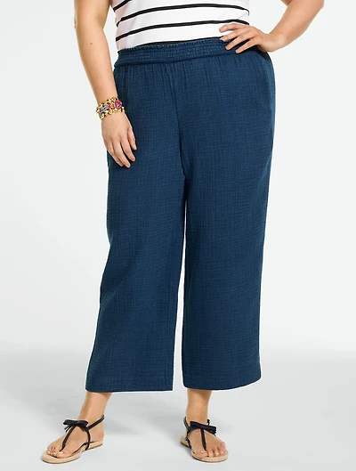 Cotton Gauze Straight Crop Pull-On Pants - Indigo
