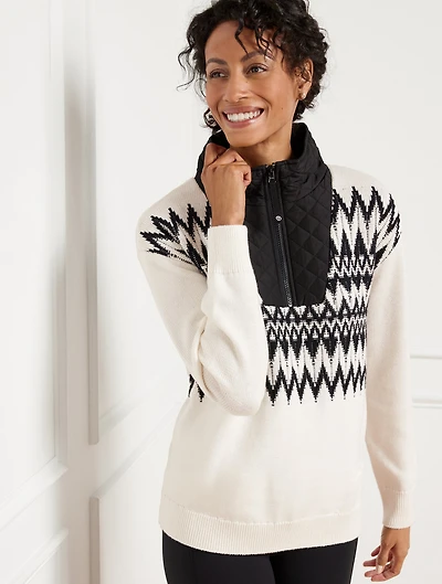 Chevron Quilted Neckline Half-Zip Sweater
