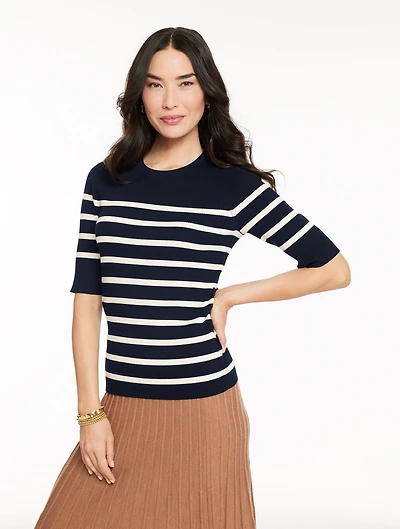 Elbow Sleeve Ribbed Crewneck Sweater - Stripe