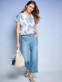 Extended Shoulder Linen Popover - Painted Palms