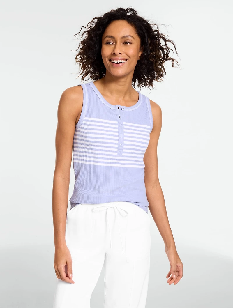 Draped Rib Henley Tank - Sailaway Stripe