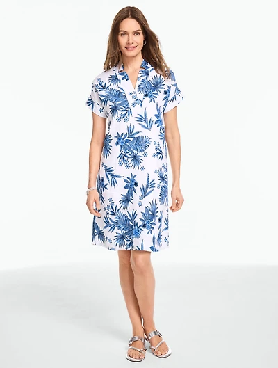 Extended Shoulder Linen Shift Dress - Painted Palms