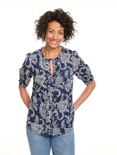 Ruffle Button Front Top - Lacey Jacobean