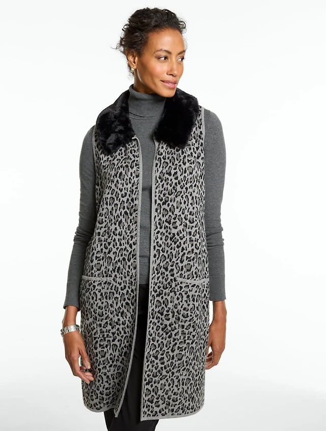 Leopard Knit Faux Fur Vest
