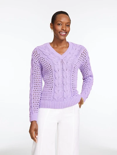 Open Stitch Cable V-Neck Pullover