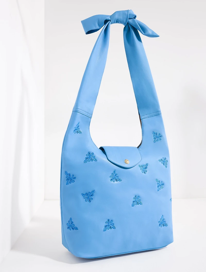 Embroidered Knot Nappa Hobo Bag
