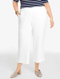 Washed Linen Wide Crop Pull-On Pants - White