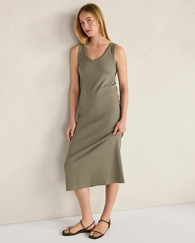 Organic Cotton Rib Knit V-Neck Midi Dress
