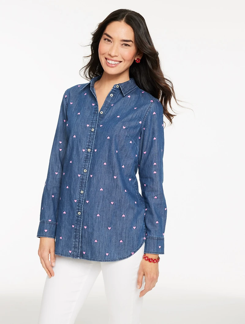 Denim Button Front Shirt - Valentine Heart