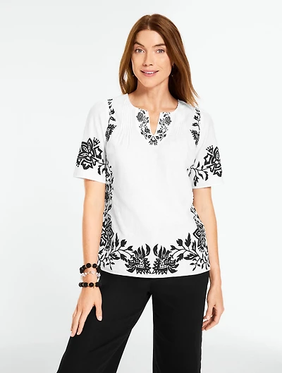 Linen Pintuck Top - Jacobean Vines