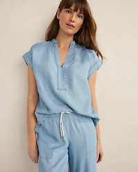 Chambray Short Sleeve V-Neck Top